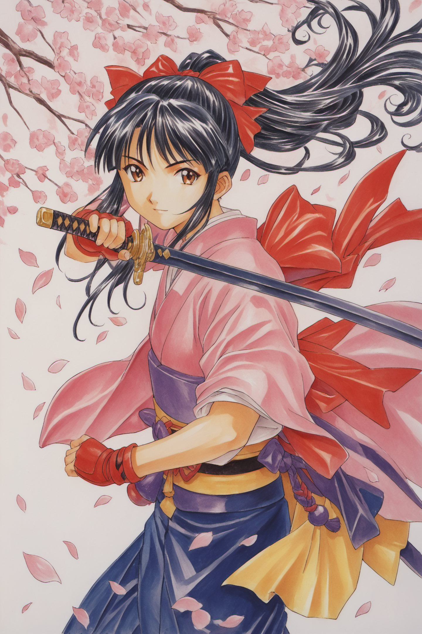 Shinguji Sakura,1girl,weapon,sword,solo,japanese clothes,gloves,bow,brown eyes,fingerless gloves,black hair,red bow,ponyta...